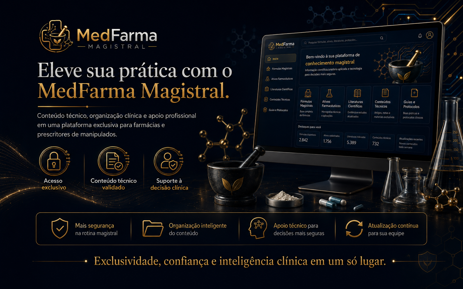 MedFarma Magistral no celular ao lado de livros técnicos e vidraria de laboratório